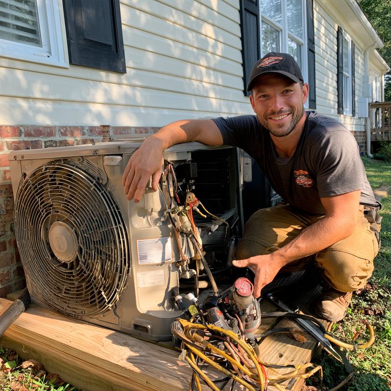 Smiling HVAC technician kneeling beside an outdoor air conditioning unit with its service panel open