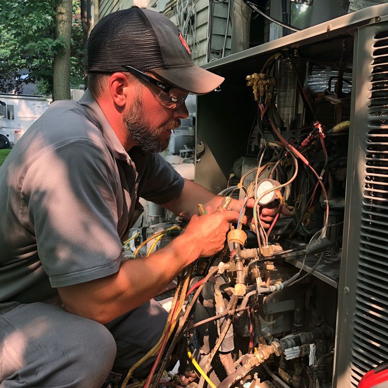 HVAC technician in safety glasses inspecting refrigerant lines and wiring inside an outdoor AC unit