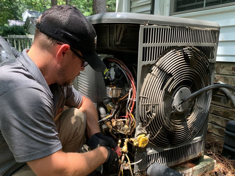 HVAC technician in work gloves repairing internal components of an outdoor unit with its panel removed