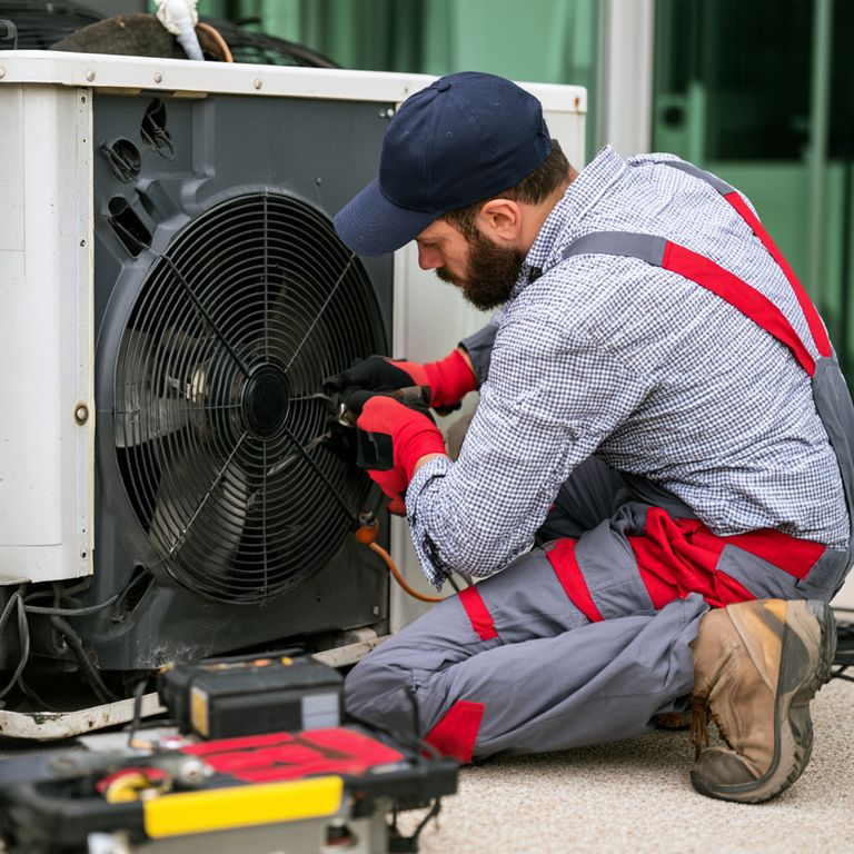 HVAC technician in work gloves servicing the fan of an outdoor HVAC unit, with a tool case nearby