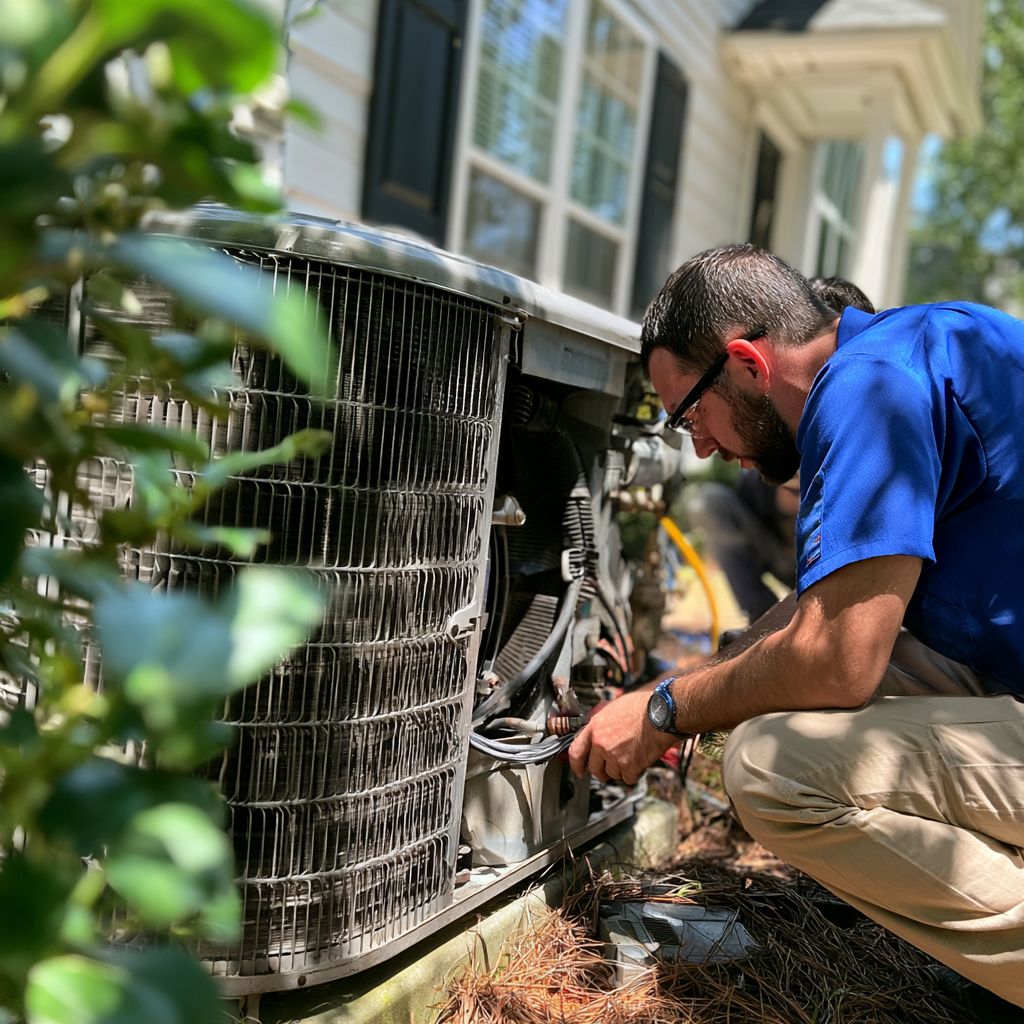 HVAC technician working on the service panel of an outdoor air conditioning unit beside a home