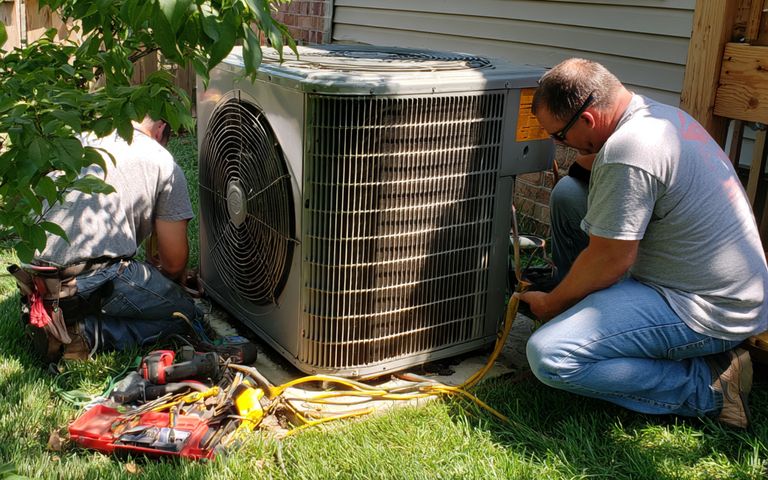 Two HVAC technicians servicing an outdoor air conditioning condenser in a backyard, with tools on the grass